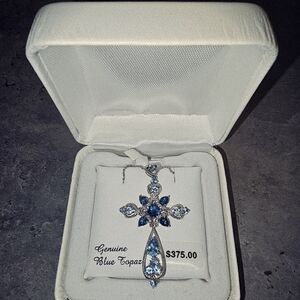 NWT Genuine Cross Pendant Necklace - Sterling Silver/Blue Topaz/Diamond